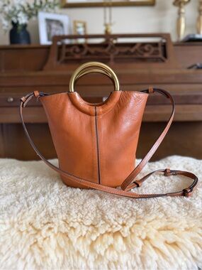 J. Crew Cognac Leather Crossbody with Gold Ring Handle